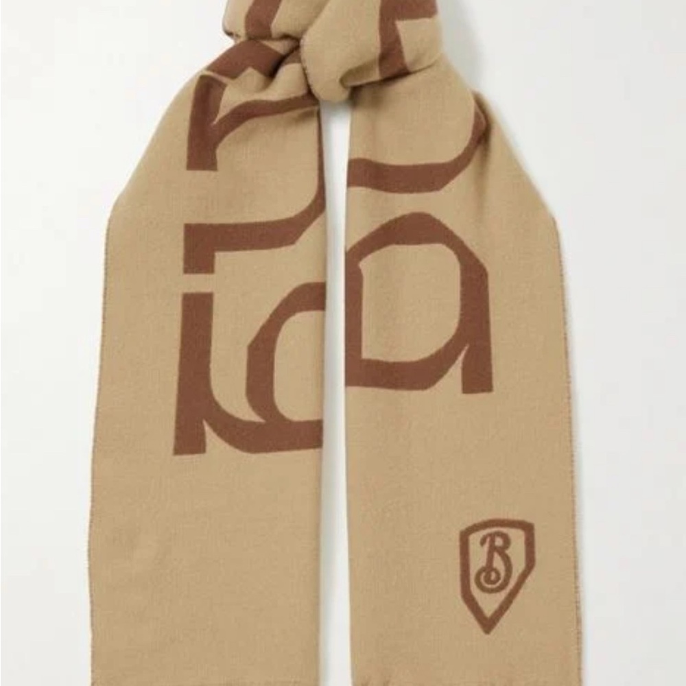 Burberry Natural Fringed Printed Merino Logo Wool Scarf